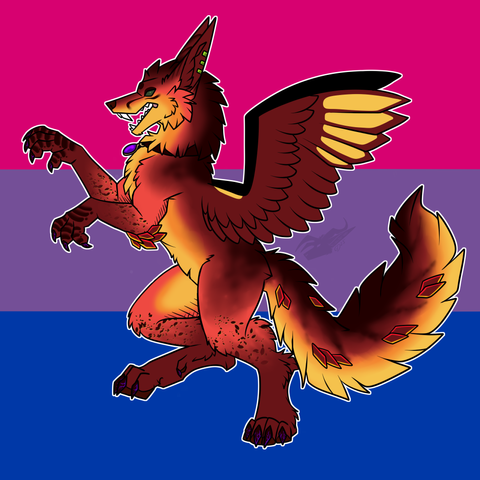 Amara in a heraldic pose against the bisexual pride flag