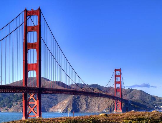 The Bridge

This is an image of the Golden Gate Bridge captured from the San Francisco side of the span. 
The foreground is a hill along the trail at the Presidio.
The bridge takes center stage in this image. 
The south tower stands tall against a clear blue sky at the top. As you bring your eye down you can see the dry hills of Marin County. 
Below that are the cold waters of the Pacific Ocean and San Francisco Bay.
To the right of the north tower is one small cloud just above the hilltops.