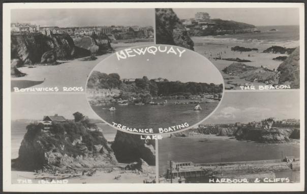 Monochrome real photographic multiview postcard showing five views of Newquay in Cornwall. Views shown are Bothwicks Rocks, The Beacon, Harbour & Cliffs, The Island and Trenance Boating Lake.

Publisher not stated, not numbered, c.1930s, though may be later.

Postally unused.

Very good condition, with very slight corner bumps.