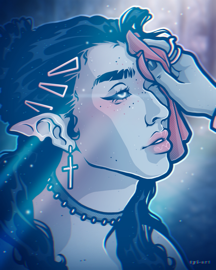 Digital drawing of my OC Isaiah looking up as he's having his forehead wiped, he's wearing a choker and an earring in the shape of a cross.