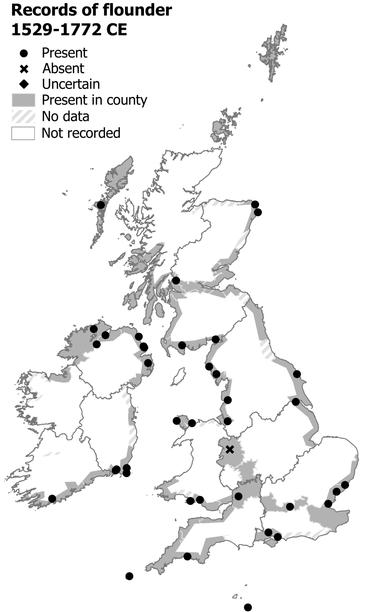 Map shows historical records of the flounder (Platichyhys flesus) from between the years 1529-1772 CE. The fish was found around the coasts in every region of Britain and Ireland, with records corresponding to the best-recorded areas. It was also often recorded swimming up large rivers, especially the Thames and the Severn.