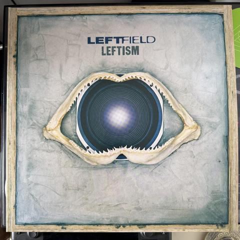 The vinyl album cover for Leftism by Leftfield. The cover image is a painting in a rough wood frame featuring a field of rough bluey-greenish-grey paint roughly applied to the canvas with a sharks jawbones over an audio speaker motif in the centre.