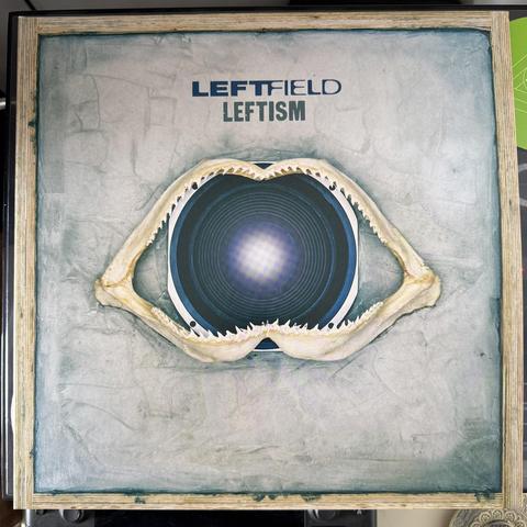 The vinyl album cover for Leftism by Leftfield. The cover image is a painting in a rough wood frame featuring a field of rough bluey-greenish-grey paint roughly applied to the canvas with a sharks jawbones over an audio speaker motif in the centre.