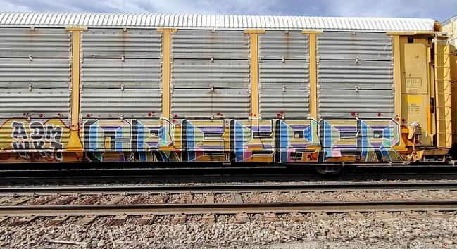 Train car with graffiti rolling through Kamloops BC Canada
