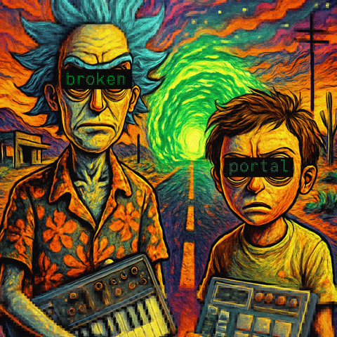 rick and morty infront of a green portal in a canvas styled reality