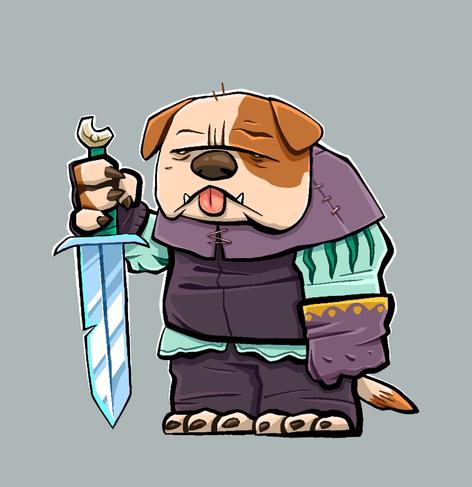 [Gal] Un bulldog antropomorfo coa lingua de fora.   Leva unha capa corta e remendada, unha camisa verde menta con acoiteladas nun tecido verde malaquita. Leva un mitón na man dereita e un guante de coiro cunha cenefa amarela na esquerda. Suxeita unha espada cun pomo cor oso nunha forma similar á unha medialua.
[En] An anthropomorphic bulldog with his tongue out. He wears a short, patched cape, a mint green shirt with slashes showing malachite-green fabric. He wears a mitten on his right hand and a leather glove with a yellow border on his left. He holds a sword with a bone-colored pommel in a shape similar to a crescent moon.