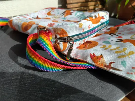 Close up view showing a metallic rainbow zipper.