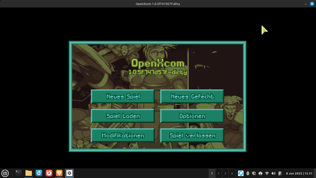 Ein Screeshot der Startmenüs von UFO (XCOM). Ein türkis farbendes Menü mit 6 Schaltflächen auf einem Graustufen Bild. Das Menü ist auf einem schwarzen Hintergrund und uten am Bildschirmrand eine grau/schwarze Linux-Taskleiste.
