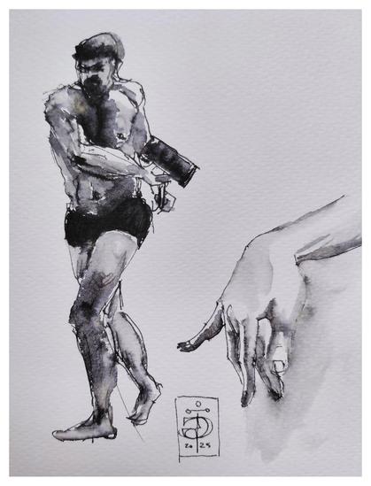 Man with a hammer and a hand. Ink sketch