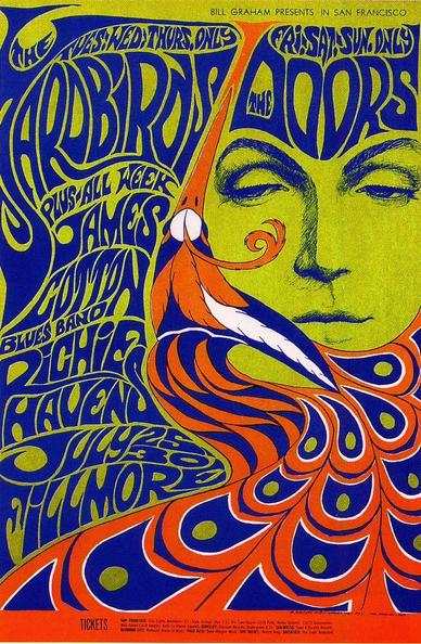 Poster in a psychedelic style in an orange and yellow-green palette, depicting a face and peacock tail pattern, surrounded by curving text for The Yardbirds, The Doors, and other bands.