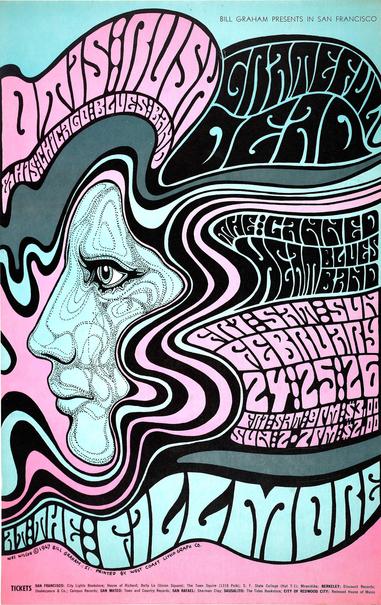Poster in a psychedelic style in a pink and green palette, depicting a face in profile surrounded by curving text for Otis Rush, Grateful Dead, and other bands.