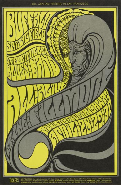 Poster in a psychedelic style in a yellow and gray palette, depicting a mask-like face wearing a large headdress, surrounded by curving text for Buffalo Springfield, Steve Miller Blues Band, and other bands.