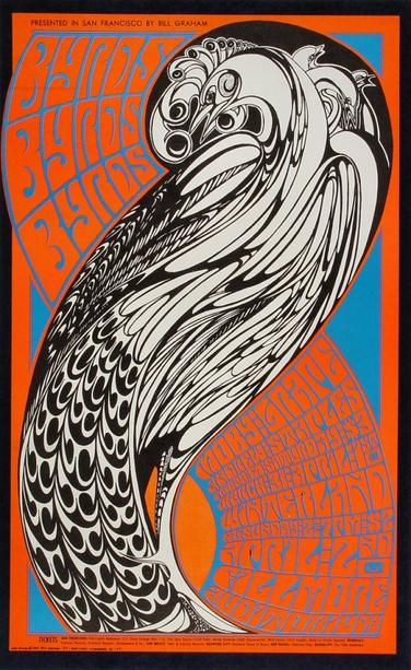 Poster in a psychedelic style in an orange and blue palette, depicting a large black and white peacock, surrounded by curving text for The Byrds and other bands.