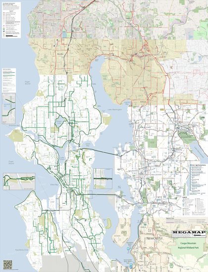 A low-resolution preview of the MEGAMAP bike map covering the greater Seattle area from Lynnwood in the north to Renton in the south, and Seattle in the west to Redmond and unincorporated King County in the east.