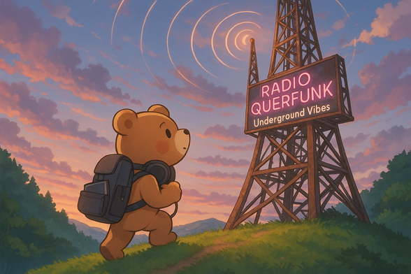 Ein Bär im Anime-Stil, der einen sanften Hügel mit schönem bunten Morgenhimmel im Hintergrund hinaufläuft, in Richtung eines Funkturms mit der Aufschrift „RADIO QUERFUNK - Underground Vibes“. Der Bär trägt DJ-Kopfhörer um den Hals und hat einen Rucksack mit Laptop herausschauend auf dem Rücken.