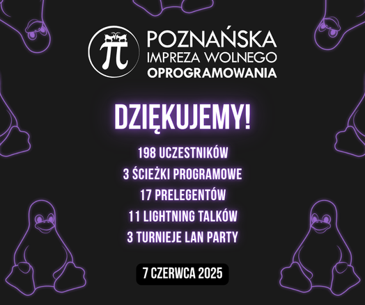 Grafika podsumowująca konferencję P.I.W.O. – Poznańska Impreza Wolnego Oprogramowania z napisem „Dziękujemy!”. Informuje o 198 uczestnikach, 3 ścieżkach programowych, 17 prelegentach, 11 lightning talkach i 3 turniejach LAN party. Data wydarzenia: 7 czerwca 2025. W tle pingwiny Linuxa.