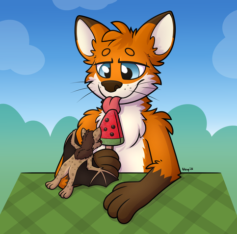Toony drawing of a fox licking a popsicle that's looking like a watermelon. Neop the bat (but smaller) is lying on his arm, also licking the popsicle.