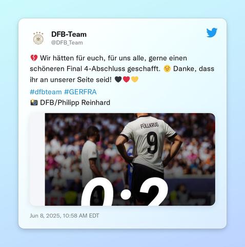 💔 Wir hätten für euch, für uns alle, gerne einen schöneren Final 4-Abschluss geschafft. 😔 Danke, dass ihr an unserer Seite seid! 🖤❤️💛

#dfbteam #GERFRA
📸 DFB/Philipp Reinhard https://t.co/P5J54OdGcY