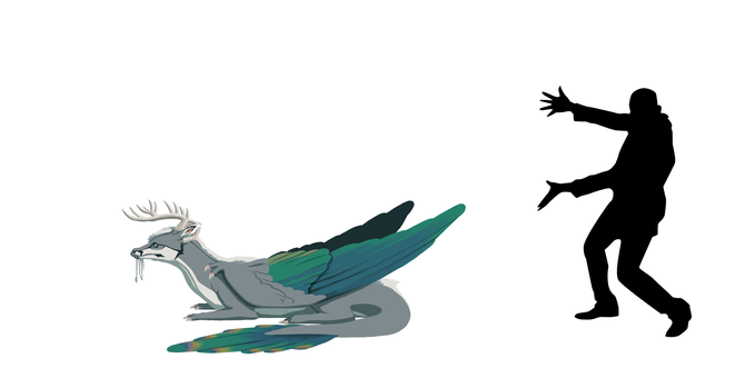 Size comparison of dragon form with an adult human silhouette.