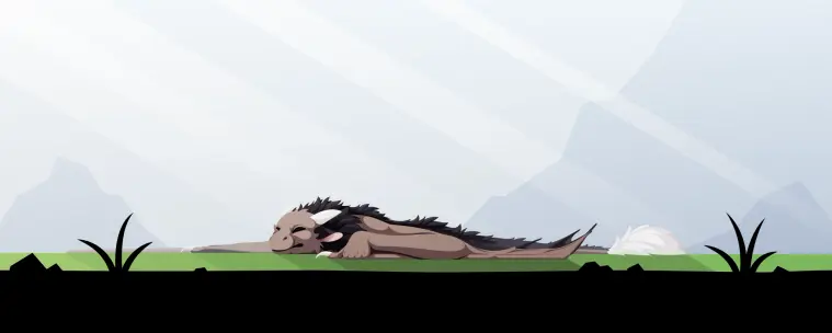 Vector art of a brown furred wyvern lying flat on the grass. The lighting is dramatic, breaking through clouds from the top left corner. You can see rocks and a mountain in the far distance.