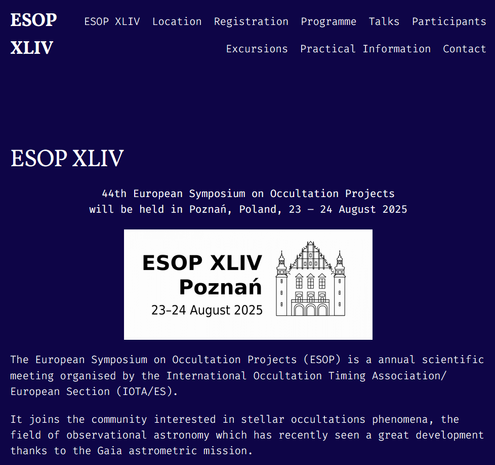 Screenshot of the webpage of the 44th European Symposium on Occultation Projects in Poznań, Poland.