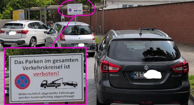 Schild: Das Parken im gesamten Verkehrskreisel ist verboten!
Widerrechtlich abgestellte Fahrzeuge werden kostenpflichtig abgeschleppt

Da parken 3 Kfz im Kreisel