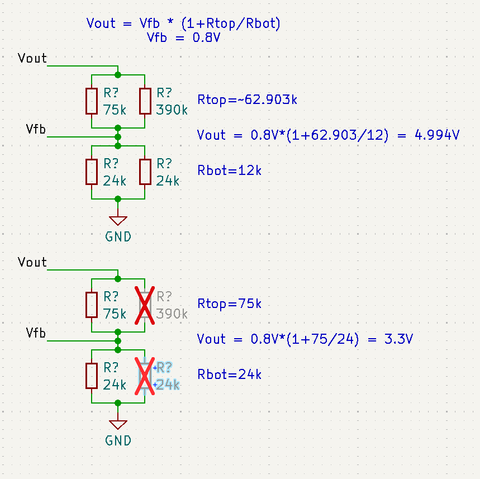 KiCad schematic showing the setup.

Vout = Vfb * (1+Rtop/Rbot)
Vfb = 0.8V

5V output: Top half of the voltage divider is 75k in parallel with 390k (~62.903k total). Bottom half is 2× 24k (12k total) giving an output voltage of 4.994V.

3.3V output: Leaving out the 390k in the top arm and one of the 24k in the bottom arm gives 3.3V exactly.