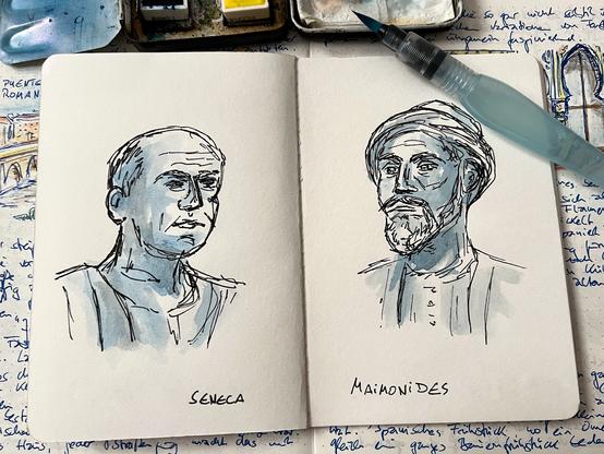 Open sketchbook with portrait drawings of Seneca (left) and Maimonides (right), in ink and discreetly watercoloured blue-grey. A water brush and a watercolour box at the upper edge of the picture, with an open diary below.