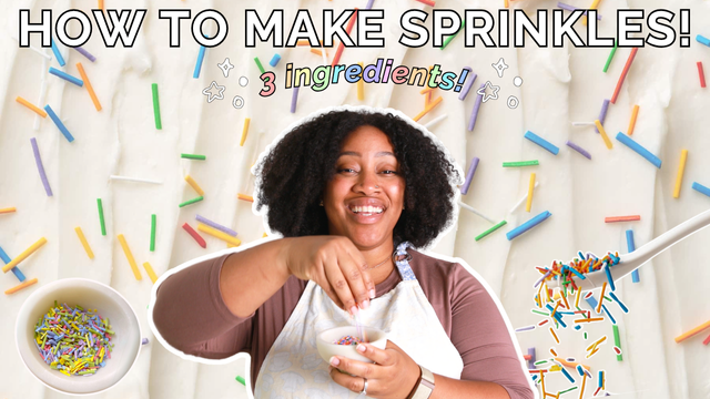 A cheerful woman wearing (me!) a white apron and brown shirt holds a bowl and colorful homemade sprinkles with a smile. The text reads "HOW TO MAKE SPRINKLES!" and "3 ingredients!" in large playful font. The background features a close-up of white icing covered in colorful sprinkles, with additional bowls and a spoon full of sprinkles floating around the design. The overall vibe is fun and creative.