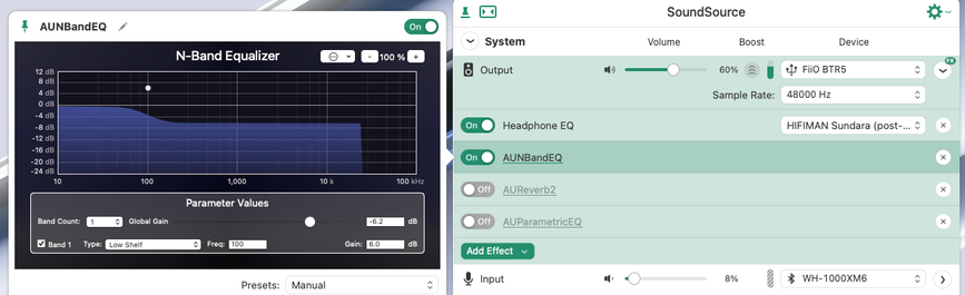 Rogue Amoeba's SoundSource showing two enabled filters: Headphone EQ (Sundara post-2020 pads), and an AU N Band EQ at  +6 dB low shelf at 100 Hertz