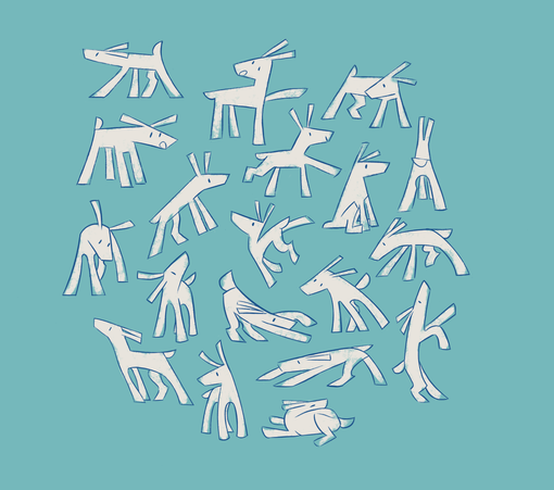 "Kiddo". A dog-deer-nodescript boxy animal in various poses.