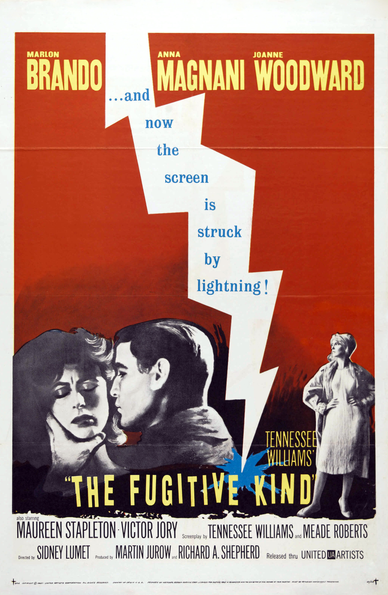 "The fugitive kind" di Sidney Lumet, 119 minuti, 1960.

- In una cittadina del “Deep South” giunge Val, un giovane uomo dal turbolento passato. Di lui si innamora la matura Lady Torrence, malmaritata con un uomo anziano, malvagio e malato. Lady assume Val nel suo emporio… - da themoviedb.org 

L'immagine è un poster cinematografico del film The Fugitive Kind. Il design è audace e d'impatto: i nomi degli attori principali—Marlon Brando, Anna Magnani e Joanne Woodward—sono ben visibili nella parte superiore in caratteri gialli di grande dimensione. Al centro del poster spicca un fulmine bianco frastagliato accompagnato dal testo "...and now the screen is struck by lightning!" in lettere blu. Il titolo del film, The Fugitive Kind, è posizionato in basso con caratteri gialli molto evidenti, mentre sotto di esso vengono elencati i nomi dei produttori, sceneggiatori e il regista Sidney Lumet.
Sul lato destro si intravede la figura di un personaggio e al centro un'altra immagine con un'inquadratura suggestiva. Lo sfondo è prevalentemente rosso, creando un forte impatto visivo e un'atmosfera drammatica.