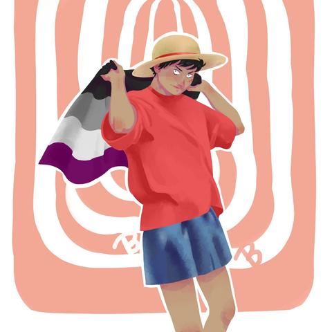 digital drawing of luffy from one piece manga/anime. he wears red t-shirt, blue shorts and a yellow straw hat with red ribbon. he holds an asexual pride flag (horizontal stripes of black, grey, white, purple) over his shoulders and looks at the viewer.