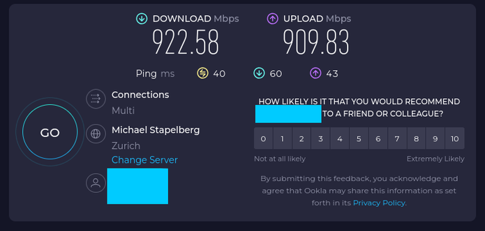 speed test result, 922Mbps down, 909Mbps up. with server "Michael Stapelberg"