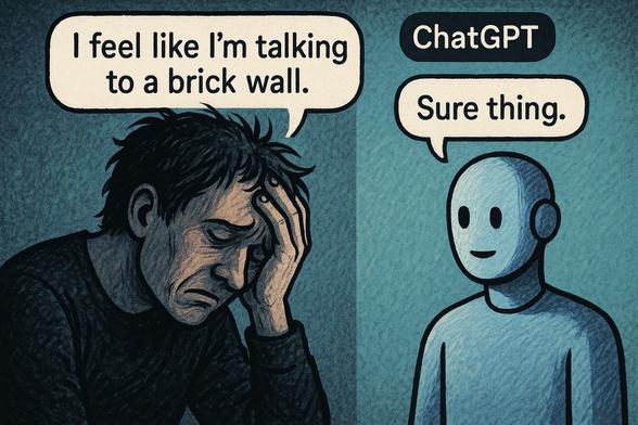 AI-generated image of a man holding his head in his hand saying "I feel like I'm talking to a brick wall" and an android labelled "ChatGPT" saying "Sure thing."