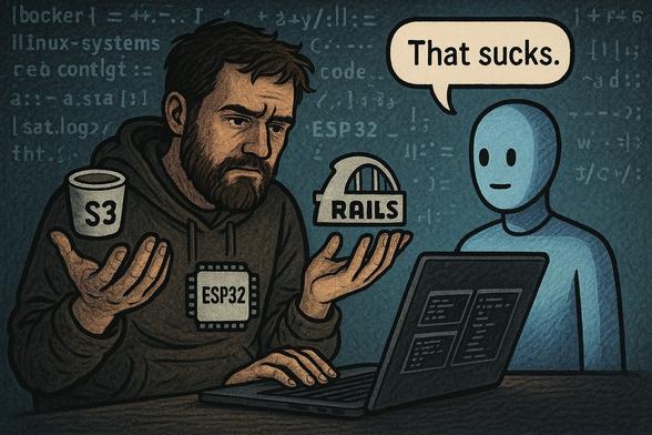 An illustration of a bearded "hacker" wearing a hoodie with three hands, with a small bucket labelled "S3", a railing labelled "RAILS" and an amulet that says "ESP32", sitting in front of a notebook computer. Nearby is an android representing ChatGPT saying "That sucks."