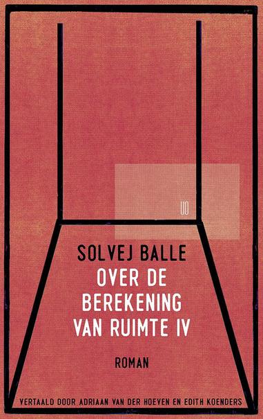 Book cover of 'over de berekening van ruimte IV'. It's fully red. A few black lines are placed to make the suggestion that the viewer is in a room or a different rectangular space. A somewhat lighter colored rectangle floats on the right side of the cover.