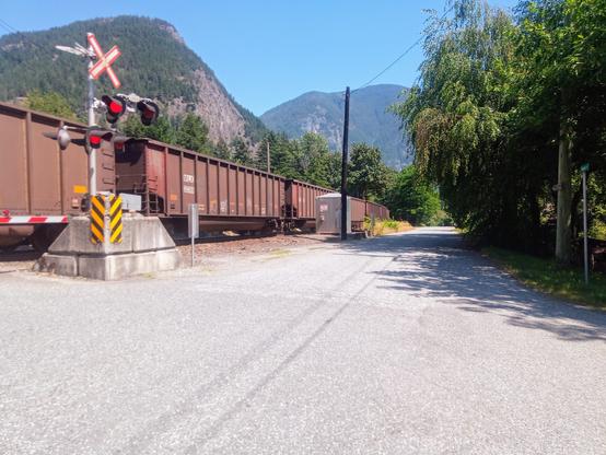 A long freight train with brown open-top hopper cars is passing through a rural railroad crossing on a bright sunny day. The railway crossing features a red and white X-shaped crossbuck sign, red flashing lights, and a striped barrier arm, all mounted on a large concrete base. The road is paved with light-gray gravel and curves gently to the right, running parallel to the train tracks. On the right side of the image, lush green trees cast dappled shadows on the pavement. A street sign is partially visible near a wooden utility pole. Towering forested mountains rise in the background under a vibrant blue sky, completing the serene and picturesque mountain landscape.