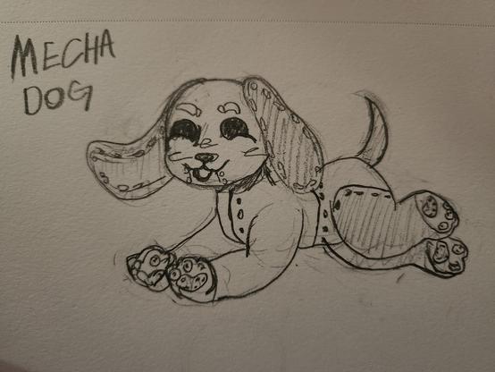 A tradtional paper doodle of a little robot dog leaping with joy. It says Mecha Dog in the top left.