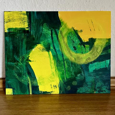 Abstraktes Bild, Acrylfarben auf Leinwand, in Gelb und Grün
