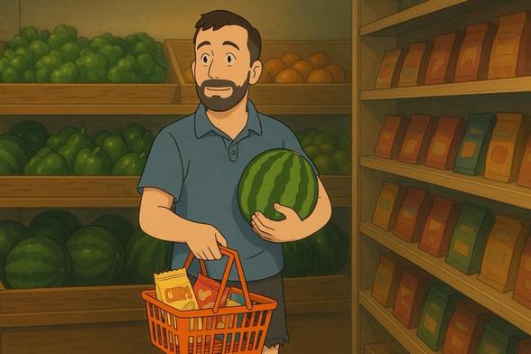 Man carrying a watermelon and a shopping basket in a greengrocer's