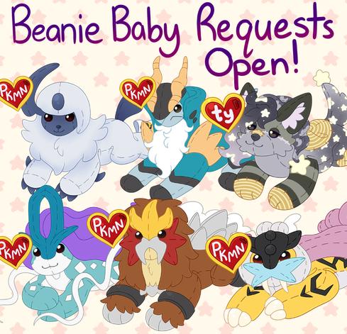 Open Request for Beanie Baby Plushy Ideas, Featuring plushies of absol, cobalion, suicune, entei and raikous the pokemon, as well as one of my own ocs, nappy pappy