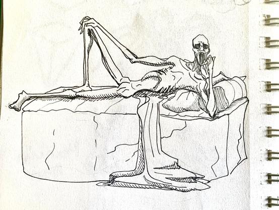 A Pthumerian, a creature of the catacombs, laying on a stone bed and eyeing the viewer.