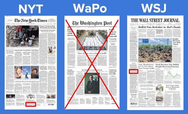 Front pages of NYT WaPo WSJ with minimal real estate dedicated to Trump refusal to affirm Constitutional oath/ Due process to all persons May2025