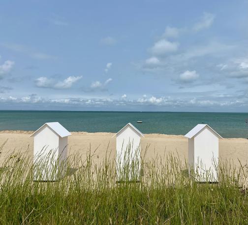 Three white bath houses are standing in a row at the beach. The photo show the sea view and the backside of the bath houses with lush green grass in front of the photo. Blue sky with white scattered clouds