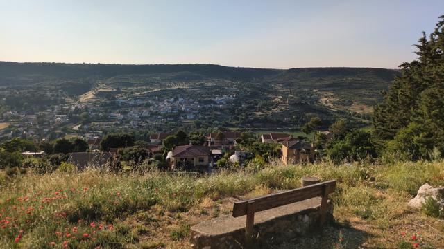 A scenic view from a hillside overlooking a village nestled in a green valley. In the foreground, there’s a rustic wooden bench surrounded by wildflowers and tall grass. The background features rolling hills covered in olive groves and trees under a clear blue sky.