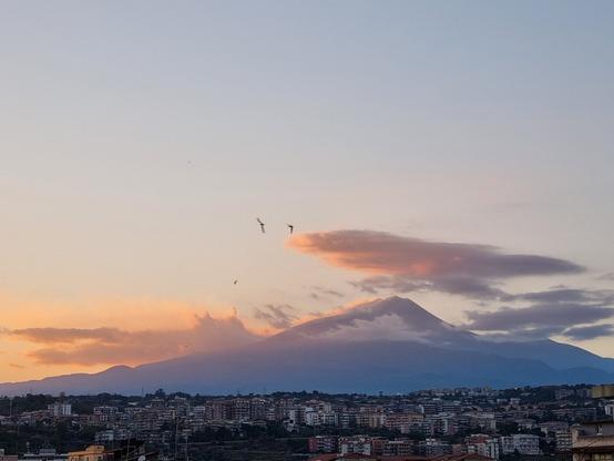 Mentre il sole tramonta, le rondini continuano a volare in circolo e qualche nuvola si sposta sulla cima del vulcano 🌋