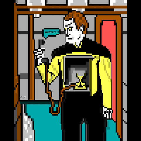 An android in a starship corridor answers a telephone call ringing from inside his torso.