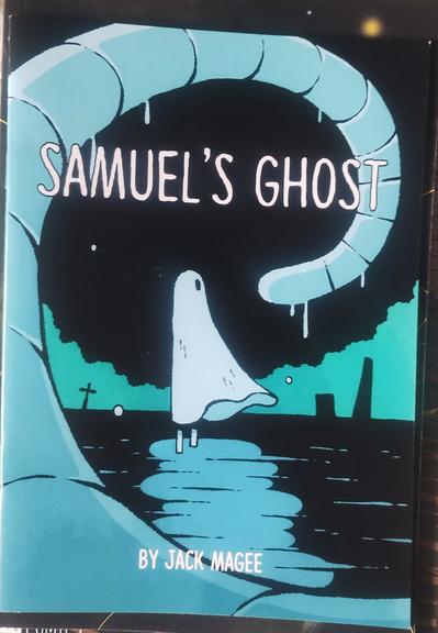 Cover to the mini comic Samuel's Ghost by Jack Magee, showing a traditional ghost with the white sheet over it, standing.