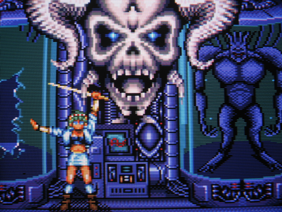 In a cyborg laboratory Anett uses her magic sword to summon a giant Satan skull. It is VERY metal.